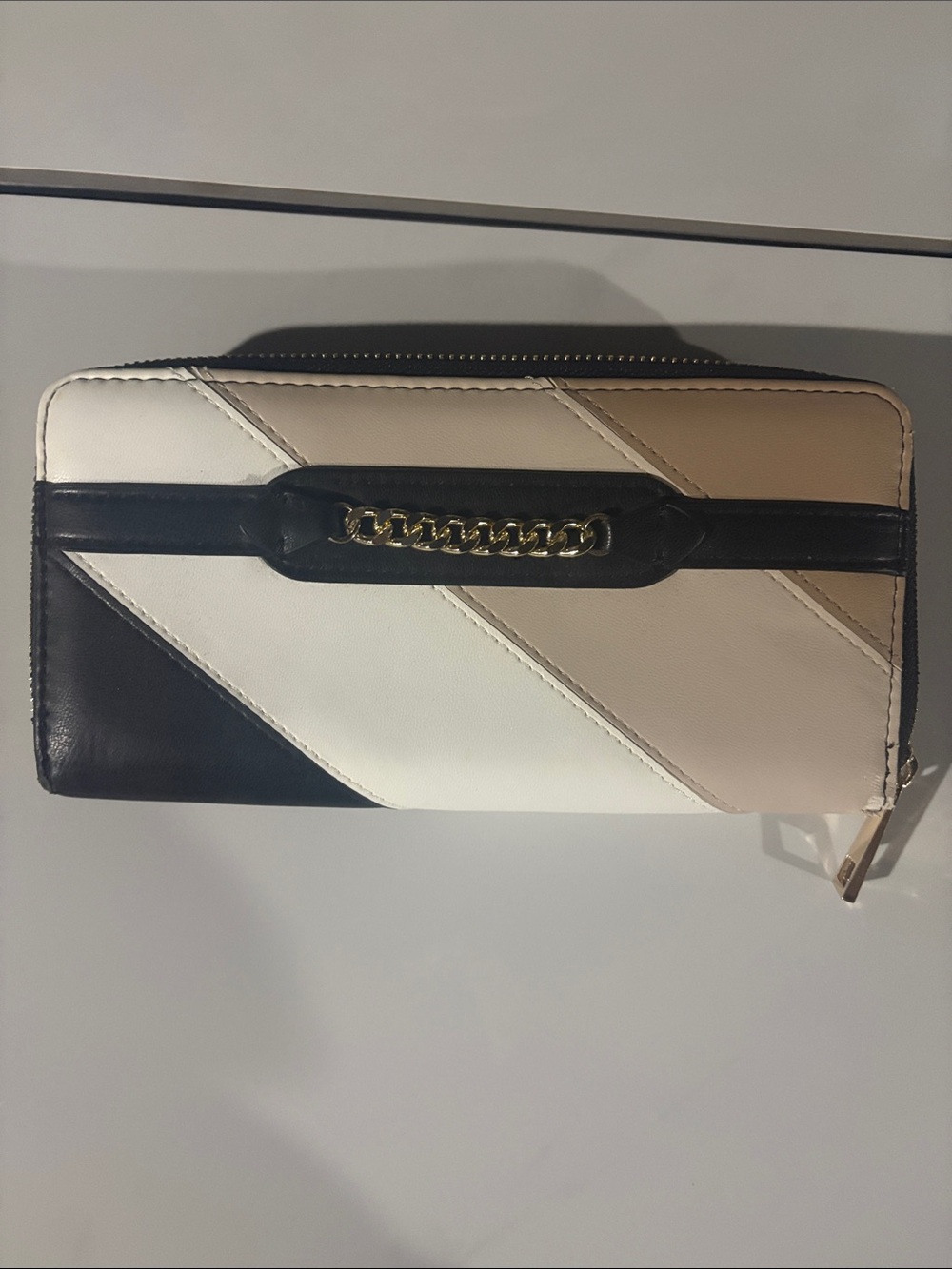 Spring Women's Tri-Panel Zip Wallet - Black, White & Beige
